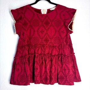 Altar'd State Tiered Top Maroon Tone on Tone Print Cream Accents Size Med